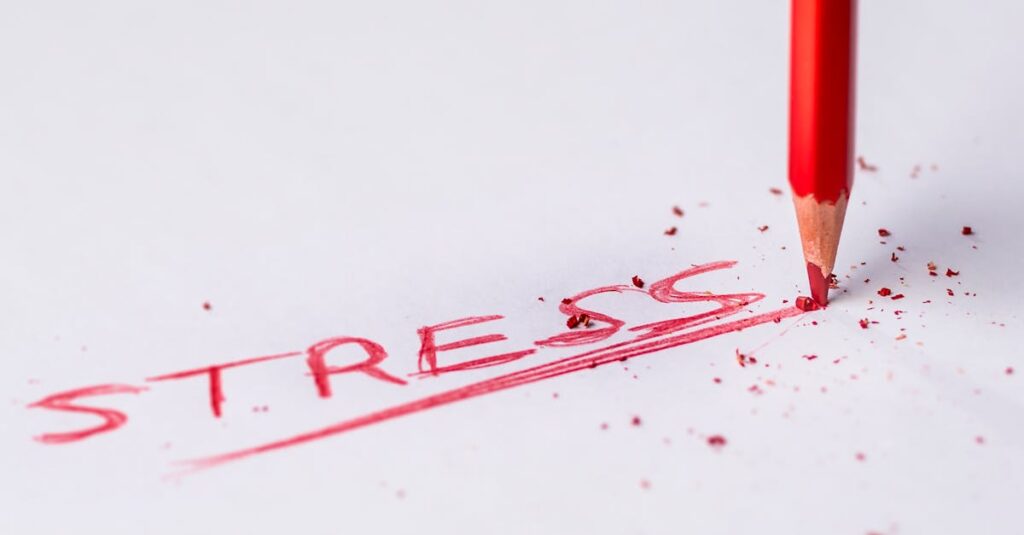 Close-up of a red pencil writing 'stress' on paper, symbolizing pressure and creativity.